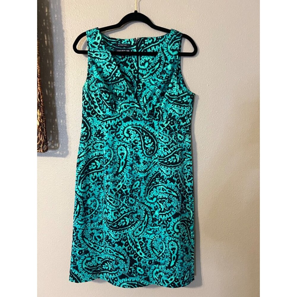 Jones New York Dress 10 Stretch Cotton Sheath Green Blue Paisley Washable - Picture 7 of 12
